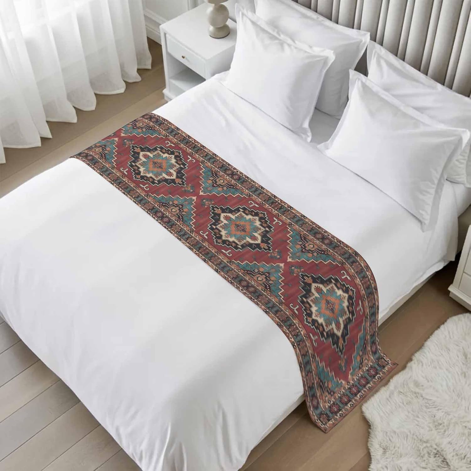 Boho Flower Bed Runner Queen Size Vintage Brown Bohemia Geometric Tribal Ethnic Soft Bed Scarf for Foot of Bed, Decorative Bedding Scarf Protection for Hotel Home Bedroom 83 x 20 Inch