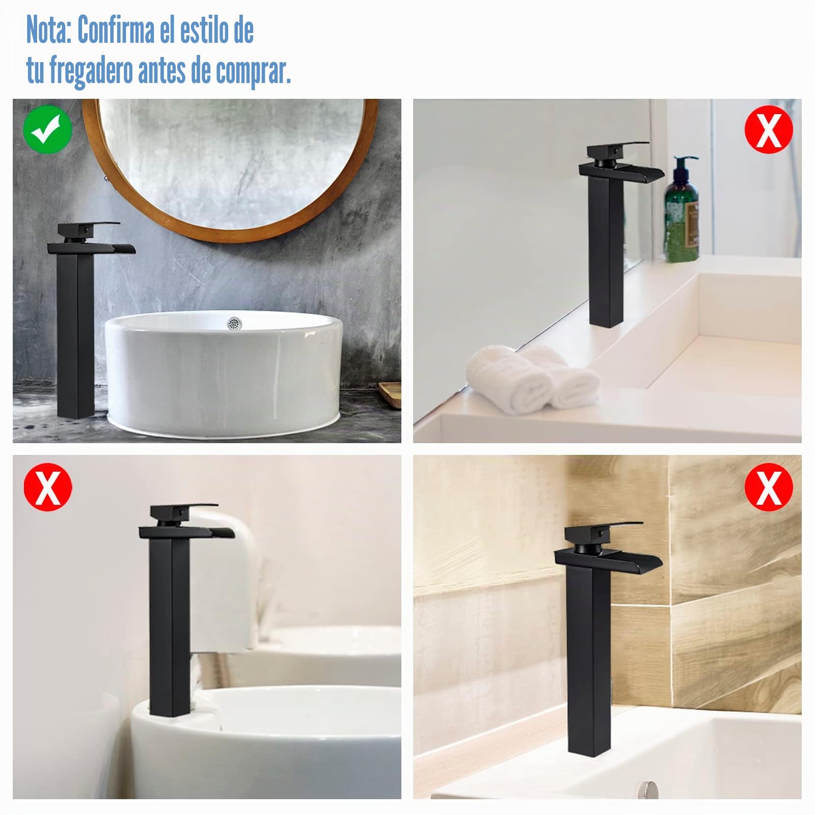 Grifo Lavabo Cascada Negro Alto Grifo de Lavabo, Grifo para Baño de Latón, Monomando Lavabo Mezclador con Altura de Pico de 265 MM, Gran Salida de Agua, Agua Fría y Caliente Disponibles, G 3/8