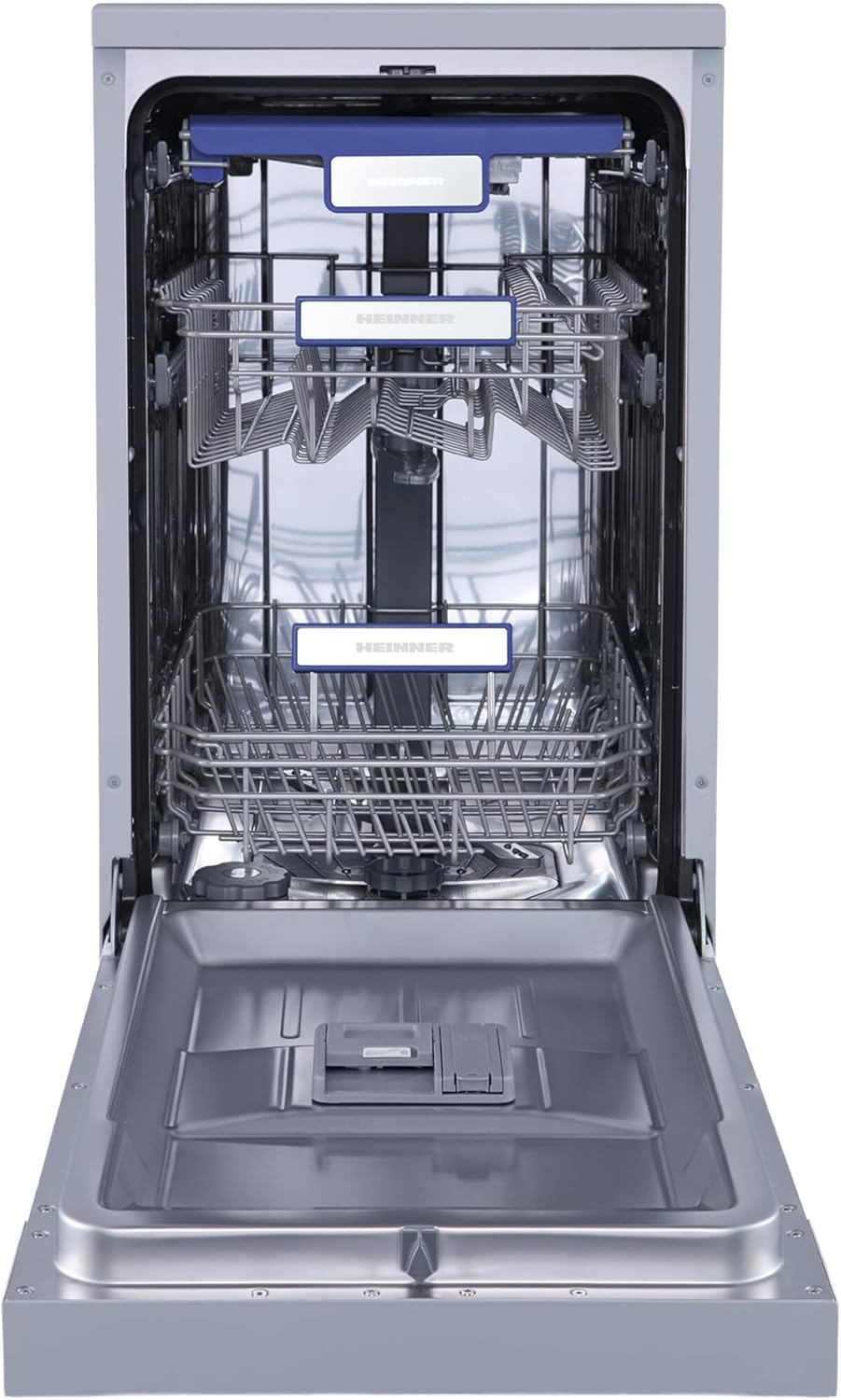 ພາຍໃນ view of the dishwasher showing the racks, spray arms, and filter area at the bottom.