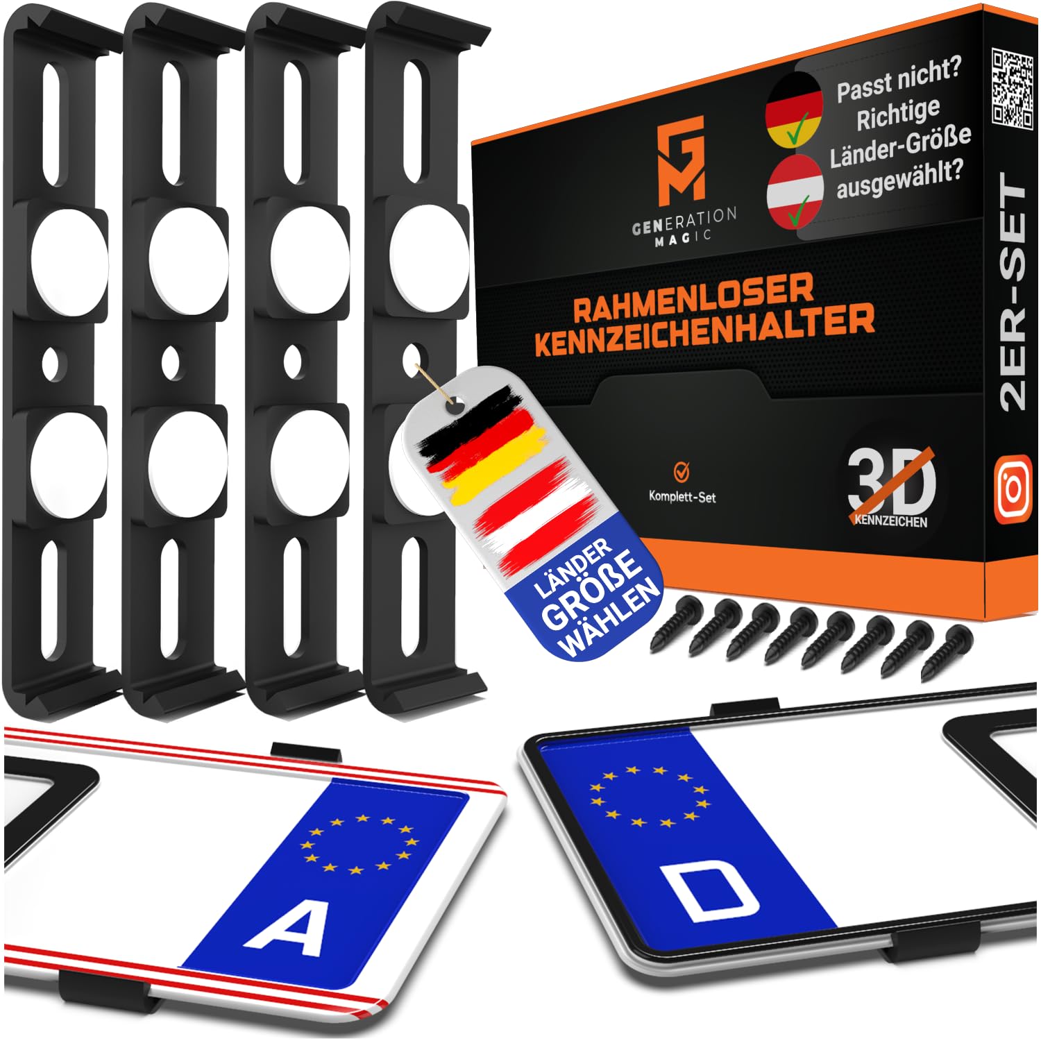 GENMAG® Kennzeichenhalter Rahmenlos [Legal & Universal] Nummernschildhalterung Auto | Rahmenlose Kennzeichenhalter für Autos | Kennzeichenhalterung Rahmenlos | Nummernschildhalter für 2 Kennzeichen