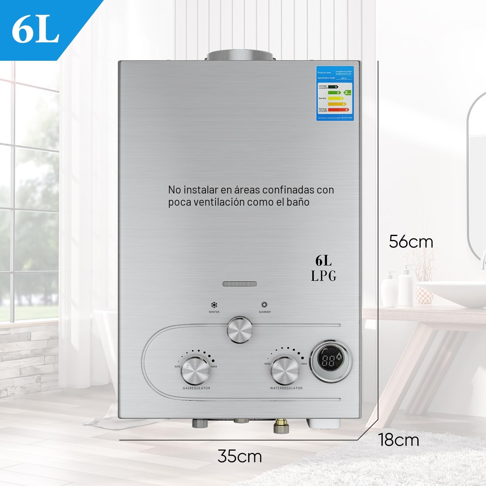 Calentador de agua de gas propano GPL 6L/8L, modo invierno-verano, calentador instantáneo sin depósito 16kw, kit ducha, quemador camping-RV-casa (6L)
