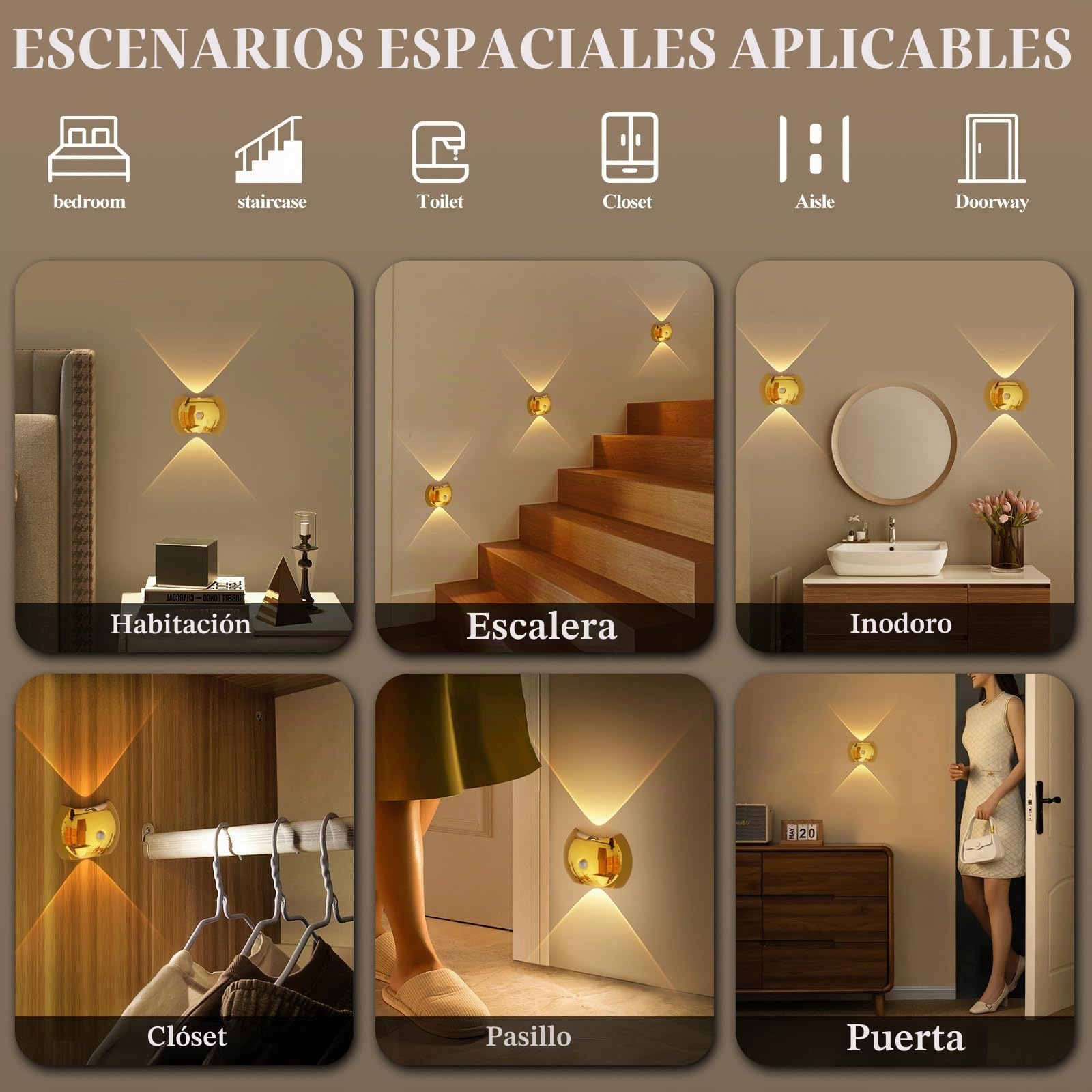 LED Moderna Apliques de Pared Interior con Sensor de Movimiento Lámpara de Pared 3 Modos de Color Iluminación de Pared USB Recargable para Pasillo Escalera Habitación (Oro,2 Piezas)