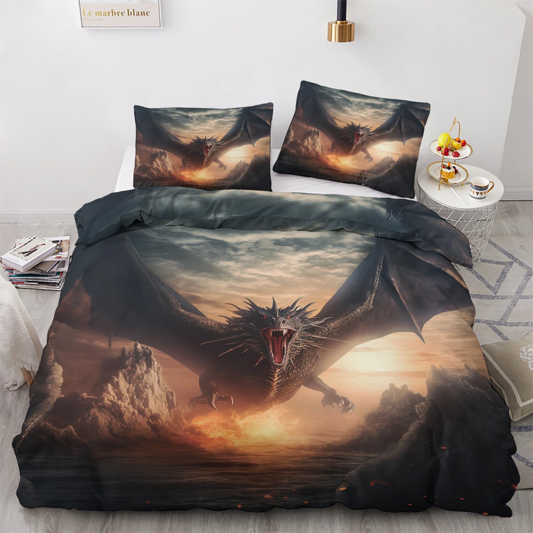 Housse de couette dragon 220x240 zippée en microfibre douce avec parure de lit imprimée