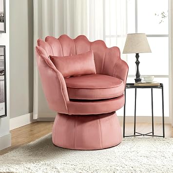 Swivel Accent Chair, Small Barrel Arm Chair, Rose Pink Velvet Upholstered, Mid-Century Modern Style, for Living Room/Bedroom/Waiting Room, for Relaxing & Reading, Pillow Included