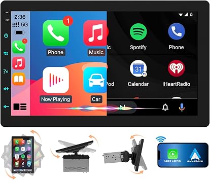 10.1-inch CarPlay Stereo Single Din Floating Rotatable Touchscreen Wireless Android Auto - IPS Display Bluetooth Mirrorlink GPS Tracking WiFi AM FM Dual USB Backup Camera Input 2G+64G