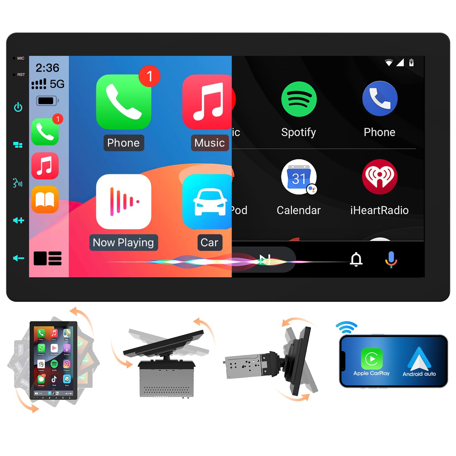 10.1-inch CarPlay Stereo Single Din: Floating Rotatable Touchscreen Wireless Android Auto - IPS Display Bluetooth Mirrorlink GPS Tracking WiFi AM FM