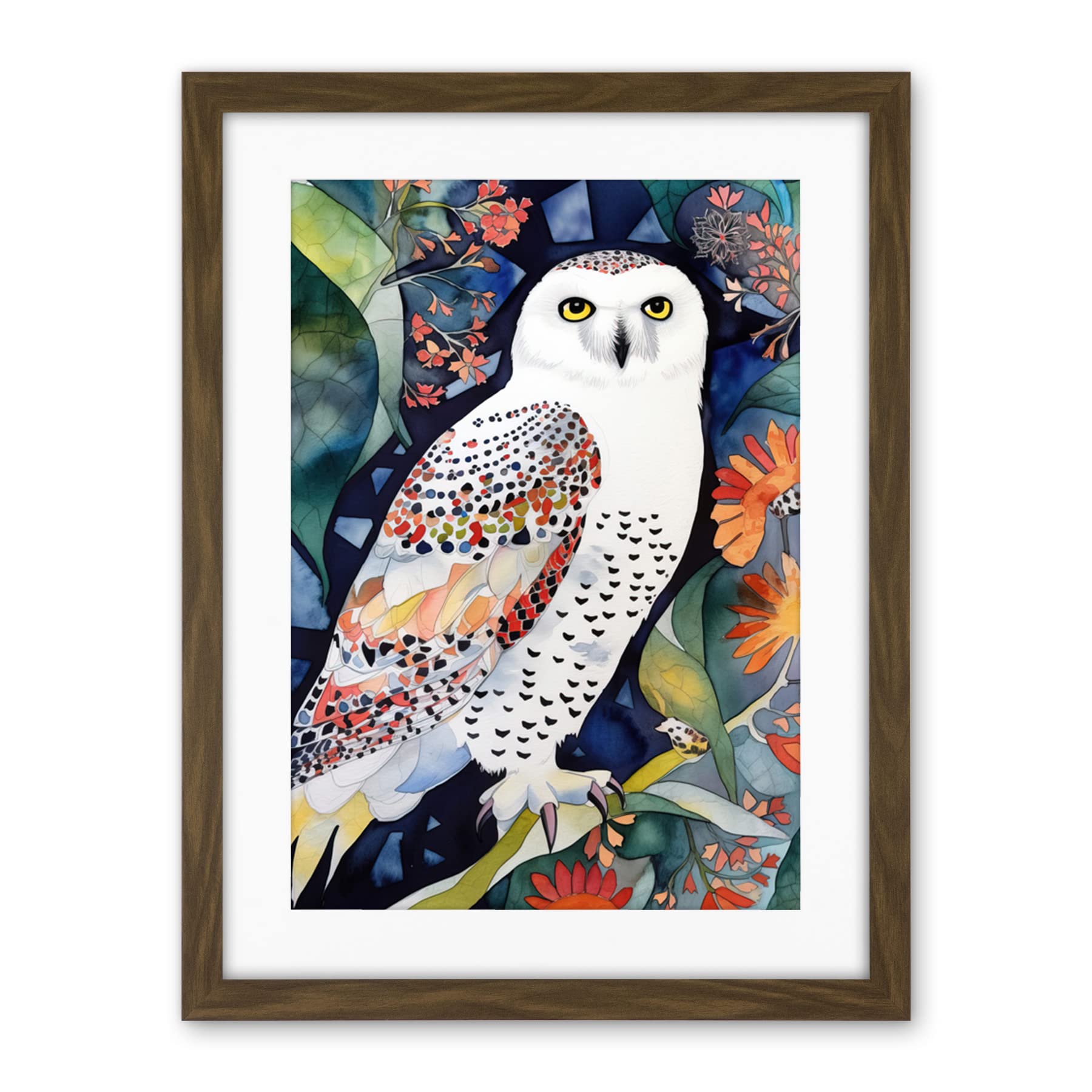 Artery8 Snowy Owl On Blooming Tree Folk Art Artwork Framed Wall Art Print 18X24 Inch