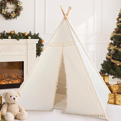 Vista 6 de Sumbababy Tienda de campaña tipi para niños, casa de juegos de lona natural con flecos, tela lavable, tienda de campaña Tipi, incluye bolsa