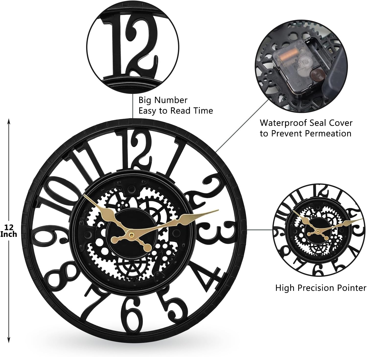Outdoor Wall Clock Waterproof, 12 Inch Silent Non-Ticking – Battery Operated Large Outdoor Clock for Patio, Garden, Pool, Porch, Lanai – Farmhouse Decor