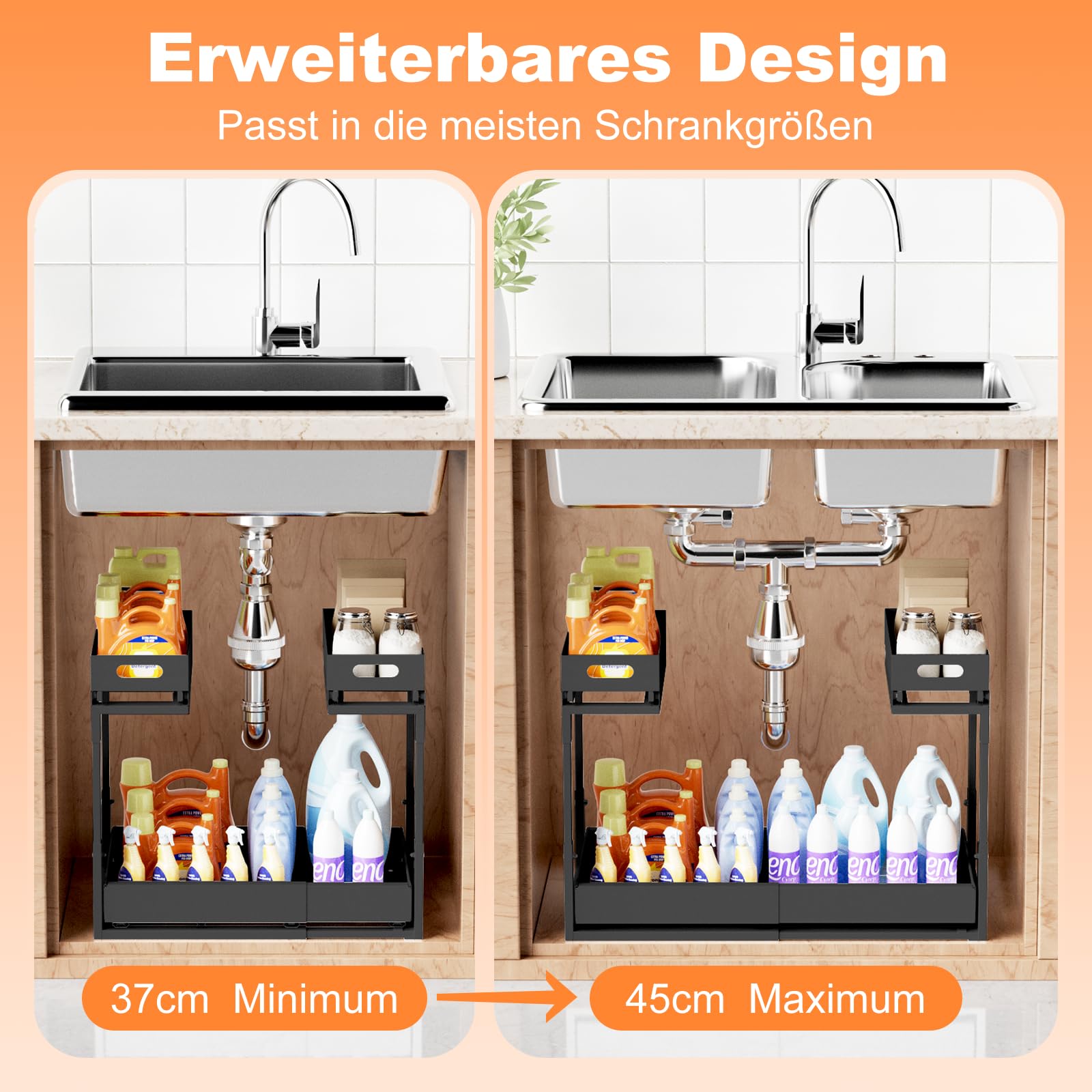 YJHome Ausziehbare Spülschrank Organizer, Metall Unter Waschbecken Regal 2 Etagen, Verstellbare Breite Höhe, Herausziehen Under Sink Organizer für Küche, Bad, Unterschrank, 1-Stück-Plus Schwarz