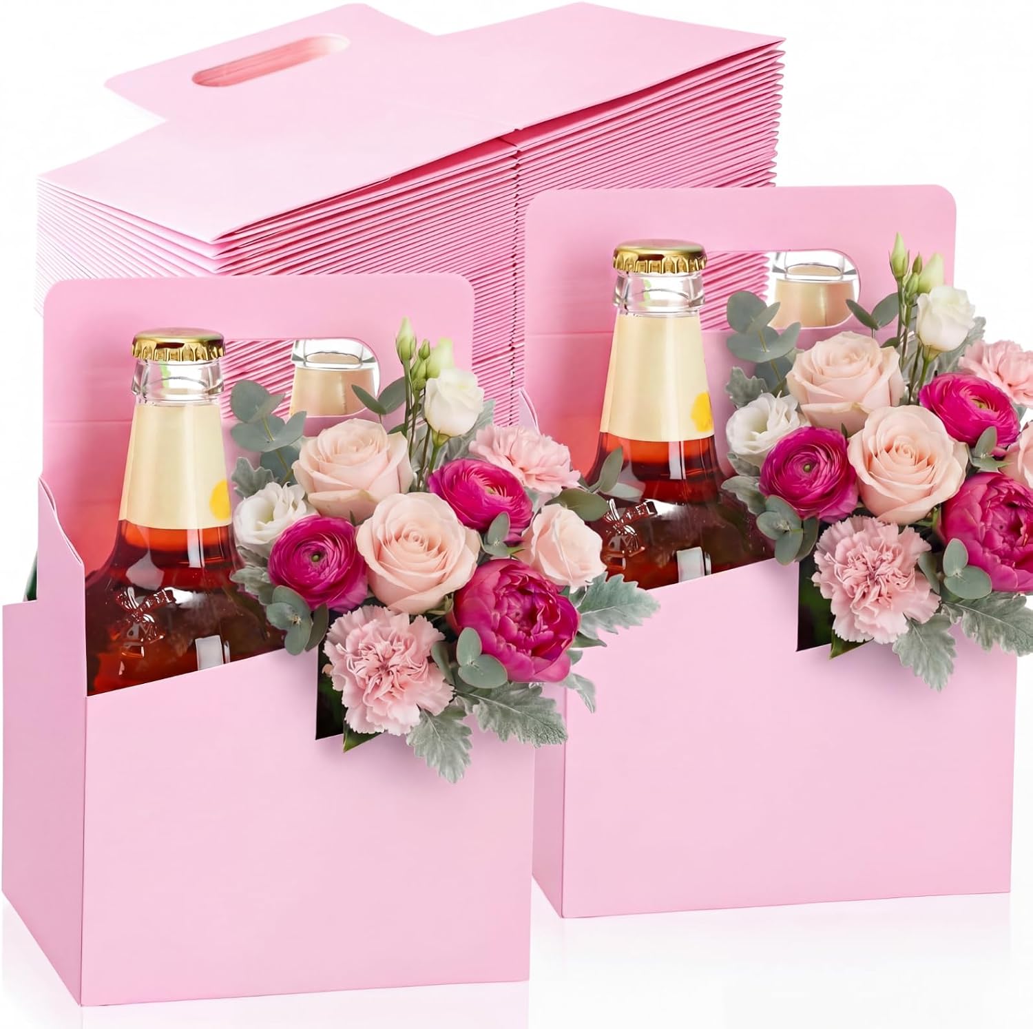 Jetec 50 Pcs 4 Cup Drink Carrier with Handle, Kraft Paperboard Beer Carrier, Disposable Drink Holder for Hot or Cold Drinks, 12-16 oz Bottle Holder for Food Delivery Beverages (Pink)