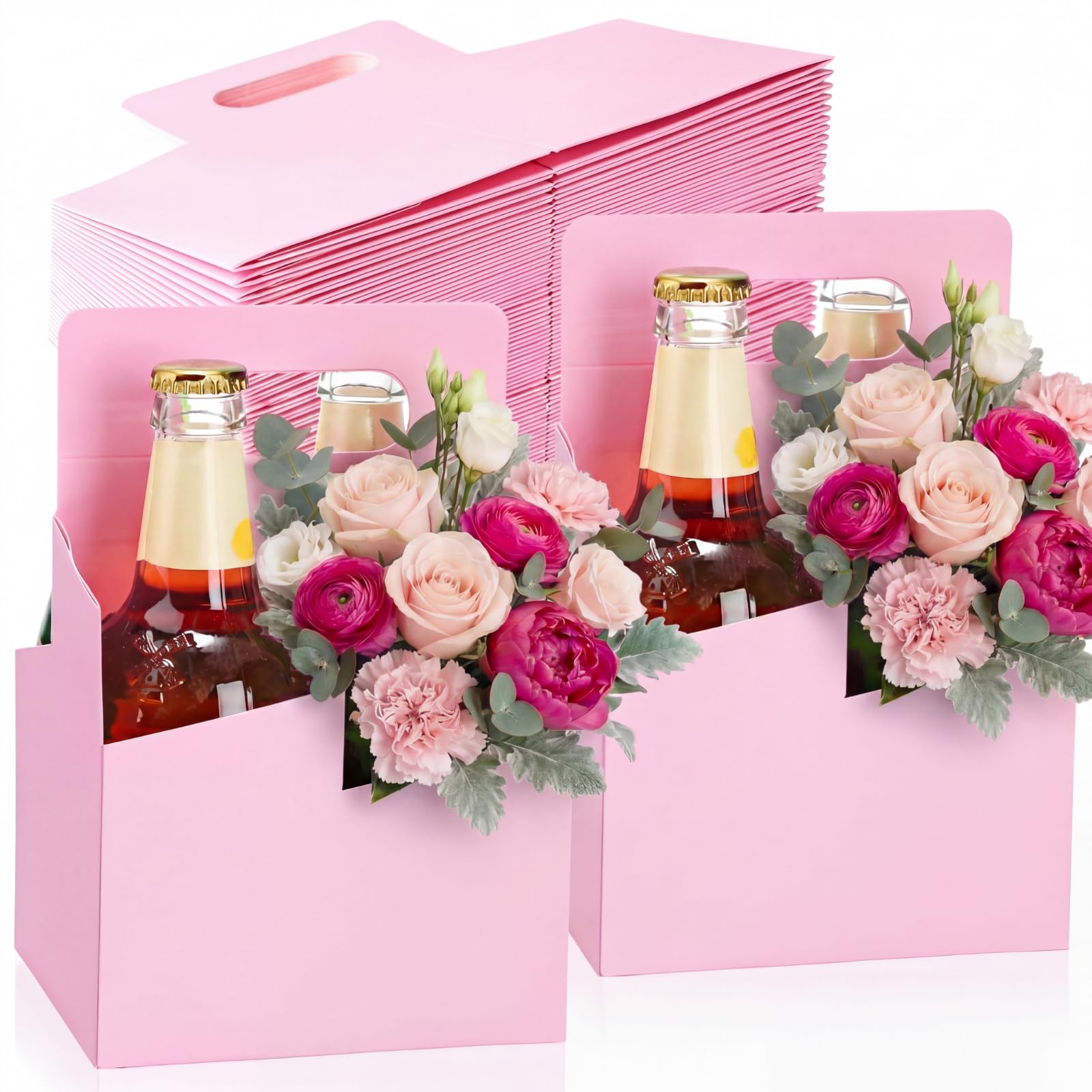 Jetec 50 Pcs 4 Cup Drink Carrier with Handle, Cardboard,Pink