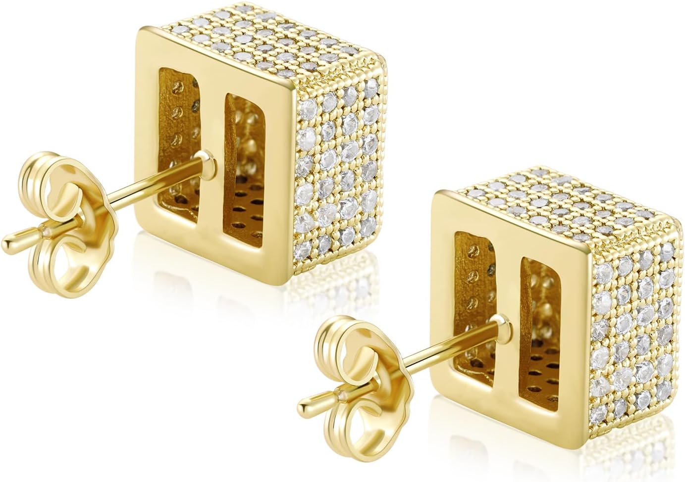 14k Gold Plated 5A+ Cubic Zirconia Iced Out Square Earrings Hip Hop Push Back CZ Stud Earrings for Men Women