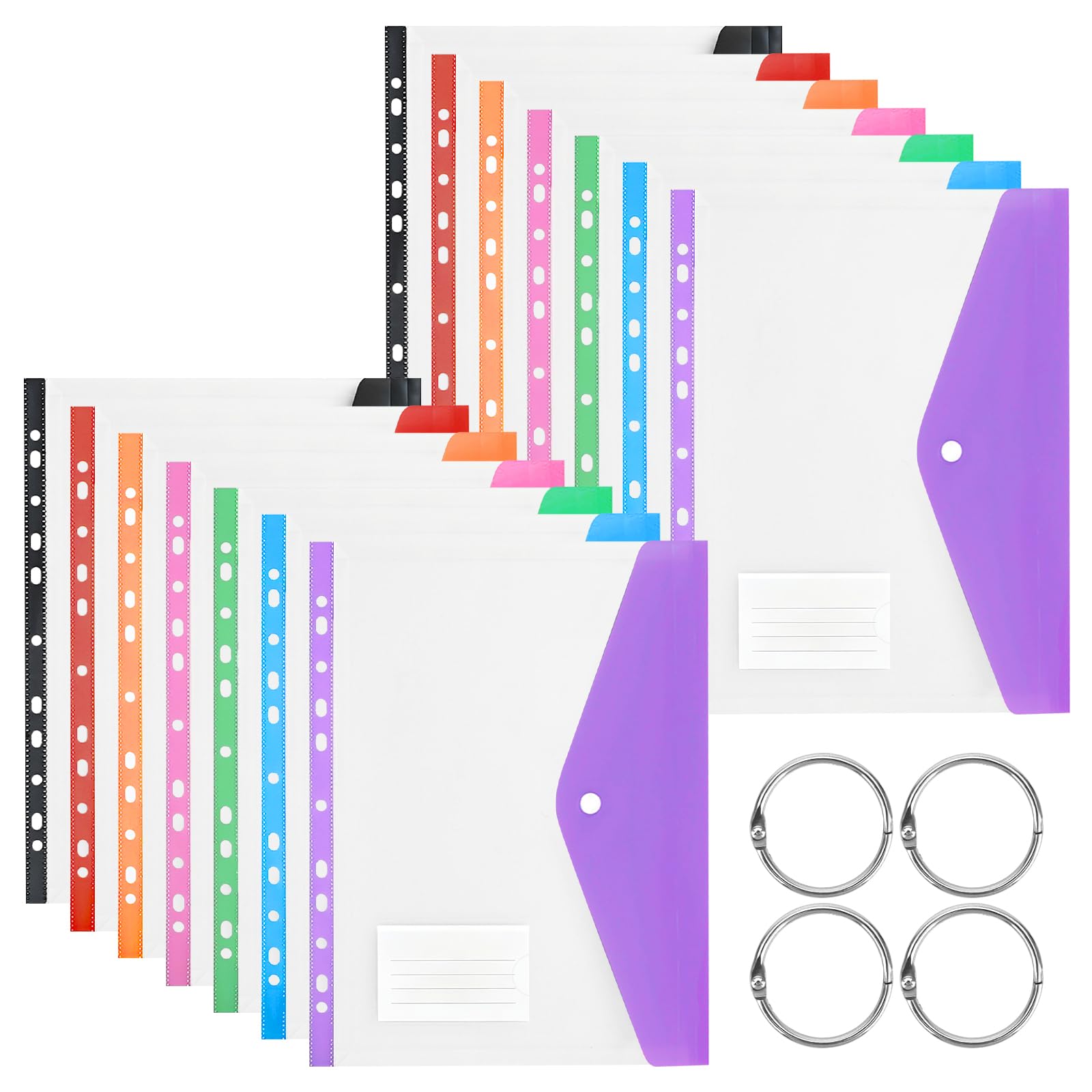 HSHHOOM 14 Pack A4 Plastic Wallets Punched Pockets, 11 Hole Expandable Document Folders with 4 Metal Binder Rings Label Pocket, Waterproof Files for School Office Home (Horizontal)