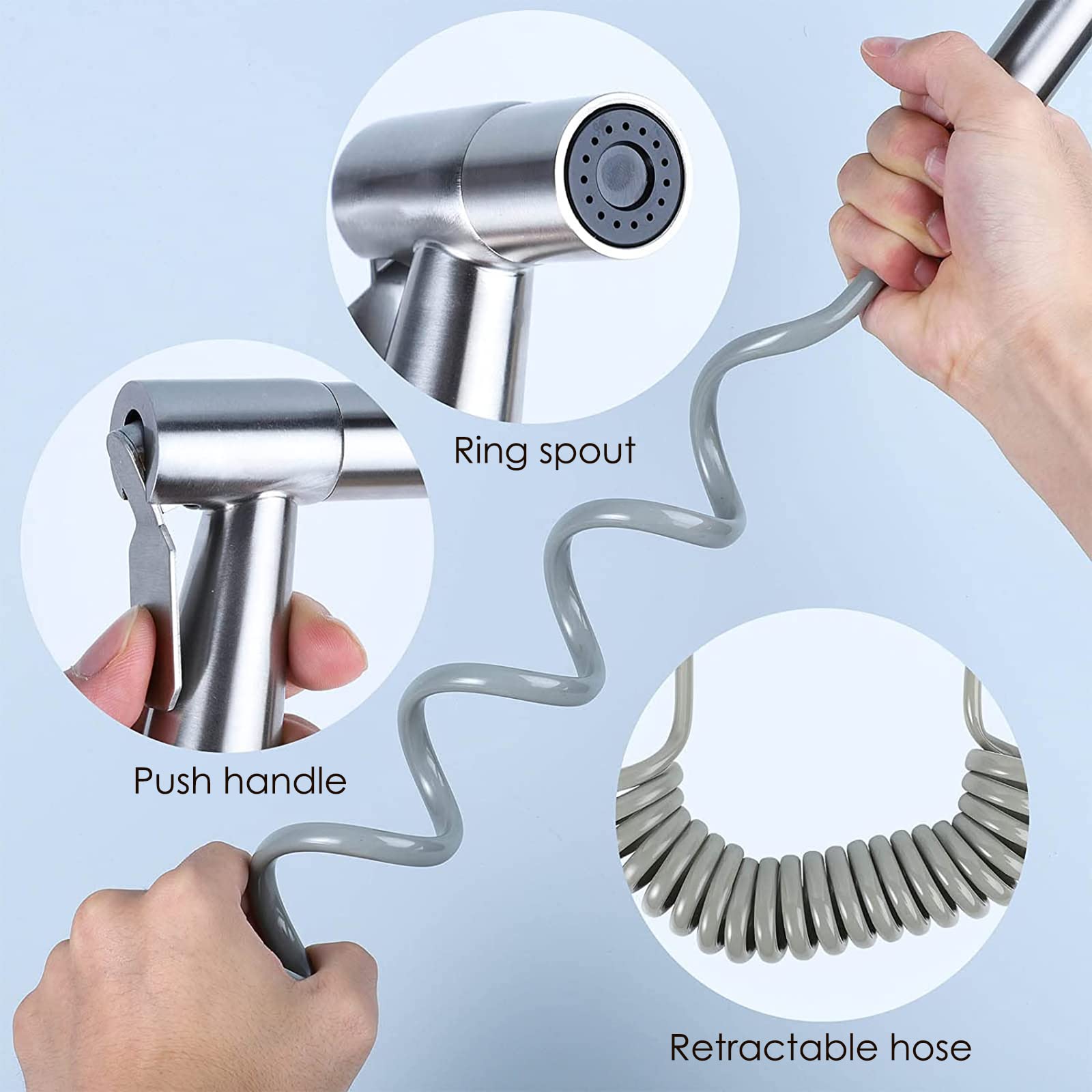 Kit de douchette pour bidet - En acier inoxydable brossé - Avec distributeur de robinet, tuyau à ressort de 59 pouces et toilettes à crochet pour hygiène personnelle et nettoyage des couches