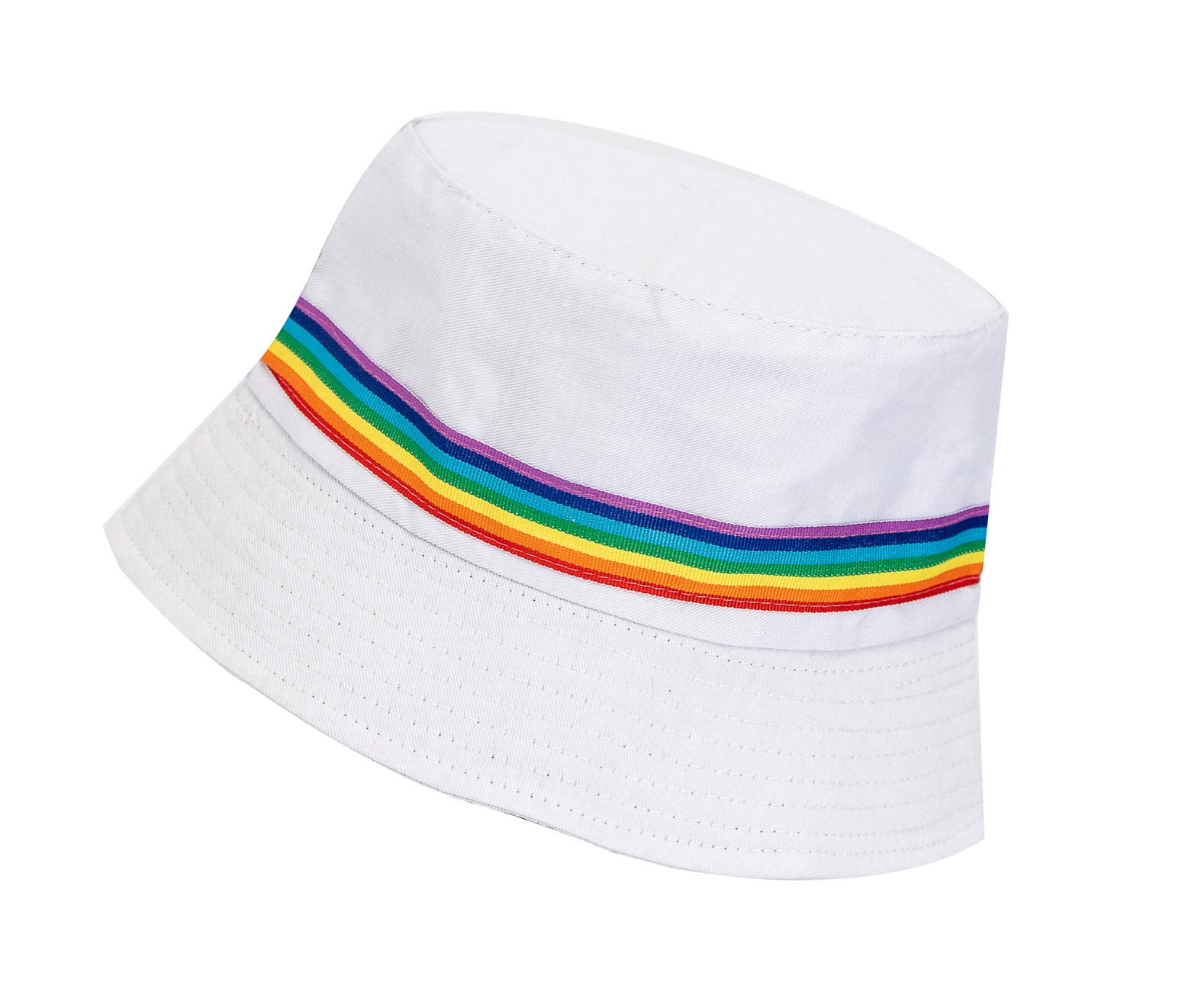 Kgm Unisex White Rainbow Stripe Design Bucket Hat - Festival Holiday Travel Hats (White)