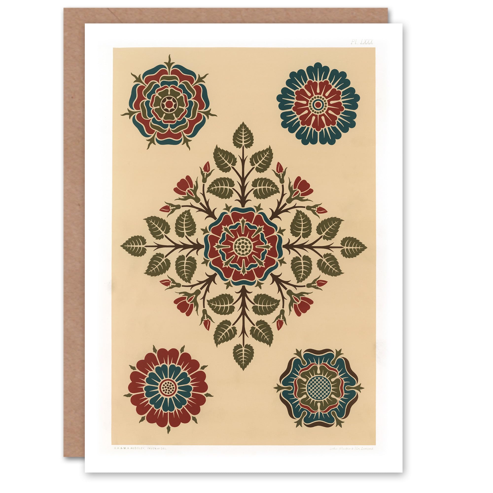 Artery8 GA and MA Audsley Art Card Vintage Stylised Rose Flower Pattern