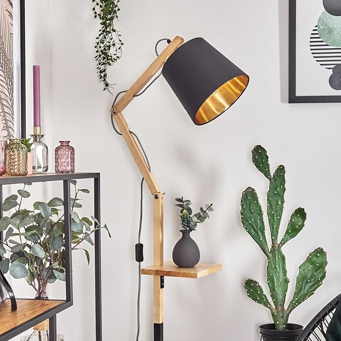hofstein HOFSTEIN Vloerlamp Tukchor, verstelbare vloerlamp van hout/metaal/stof in zwart/natuur/zwart-goud, in boho-design met legvlakken en schakelaar, 152,5 cm, E27, woonkamer, slaapkamer, eetkamer photo 3
