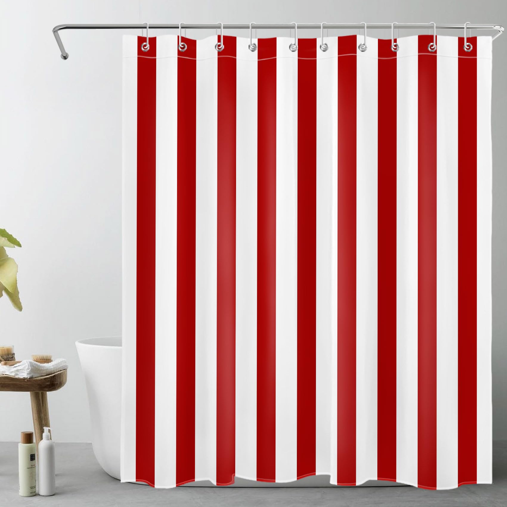 LB Rayas Rojas y Blancas Cortinas de Baño 150x200cm Textura geométrica Cortina de Ducha con Ganchos,Arte Abstracto Moderno Extra Largo Impermeable Antimoho Poliéster Decoración de Baño