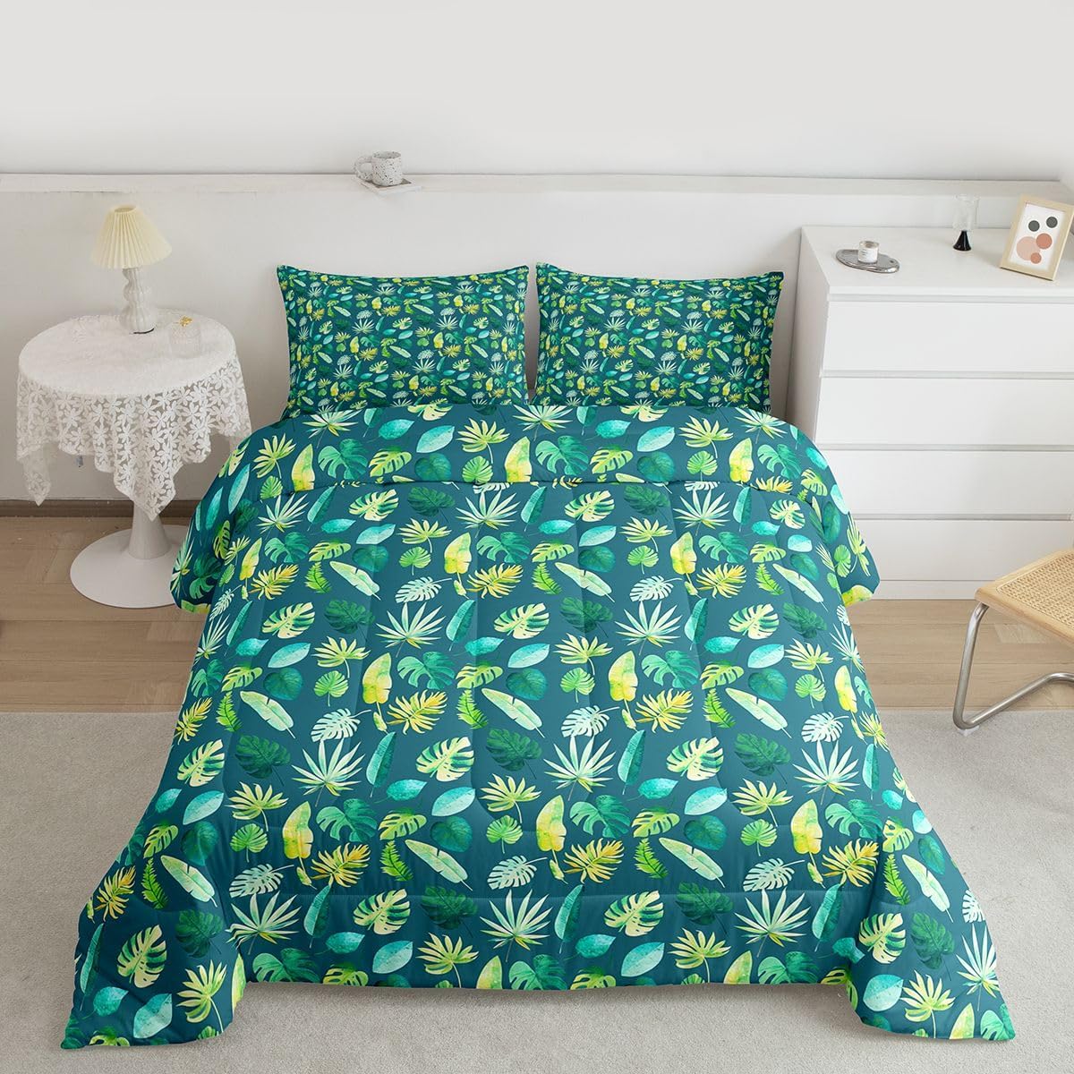 jejeloiu Tropical Leaves Comforter Set Twin Size Kids Leaf Pattern Comforter for Boys Teens Botanical Bedding Set Leaf Branches Green Duvet Set Room Decor Quilt Set