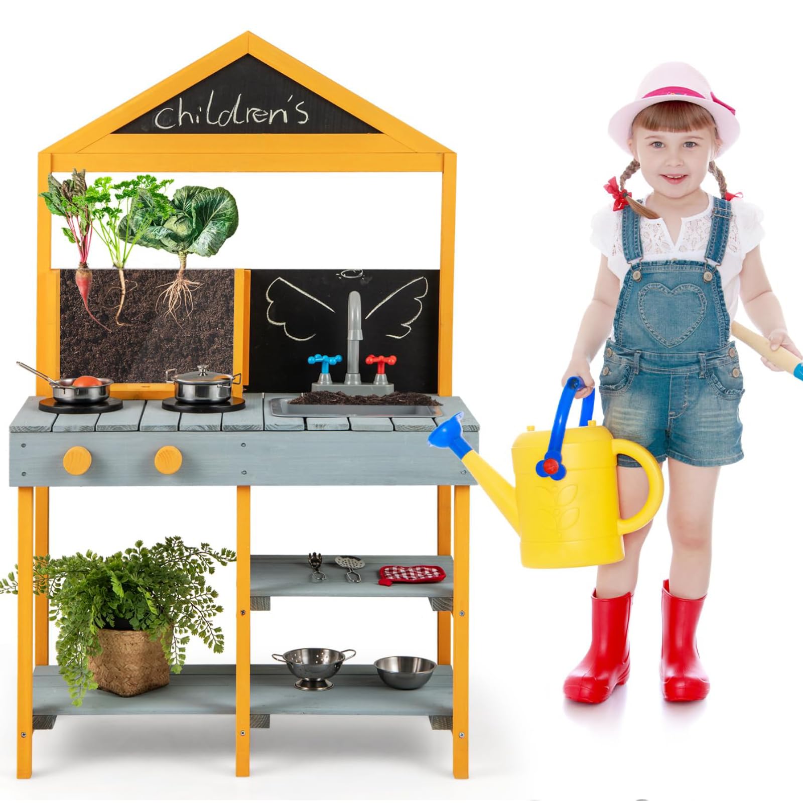 GYMAX Kids Mud Kitchen, Outdoor Toy Kitchens with Root Viewer Planter, Faucet, Removable Sink, 2 Chalkboards, Shelves & Cookware Accessories, Wooden Play Kitchen for 3+ Years Old (Orange+Blue) — image 1
