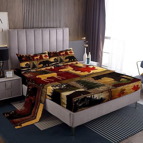 Juego de sábanas rústicas de granja, tamaño King, sábanas retro para cabaña de cabaña, juego de sábanas de ciervos y oso de caza, juego de ropa de Juego de sábanas rústicas de granja, tamaño King, sábanas retro para cabaña de cabaña, juego de sábanas de ciervos y oso de caza, juego de ropa de