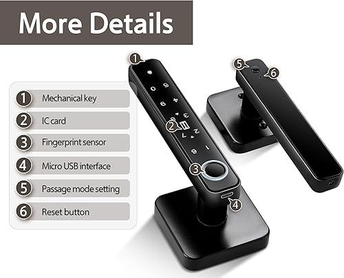 Miniatura 8 de Pulido Cerradura inteligente 4 en 1 con huella dactilar para puerta, no requiere aplicación, cerraduras de puerta para dormitorios y oficinas, pomos