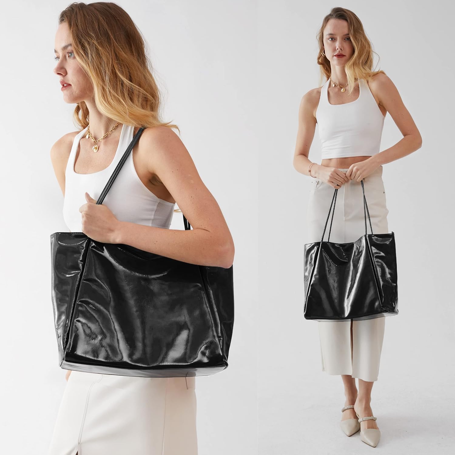 HOXIS Shiny Patent Faux Leather Tote Glossy Shoulder Handbag for Women Convertible Purse | Shiny, Patent, Glossy, Shoulder, Convertible - Image 6