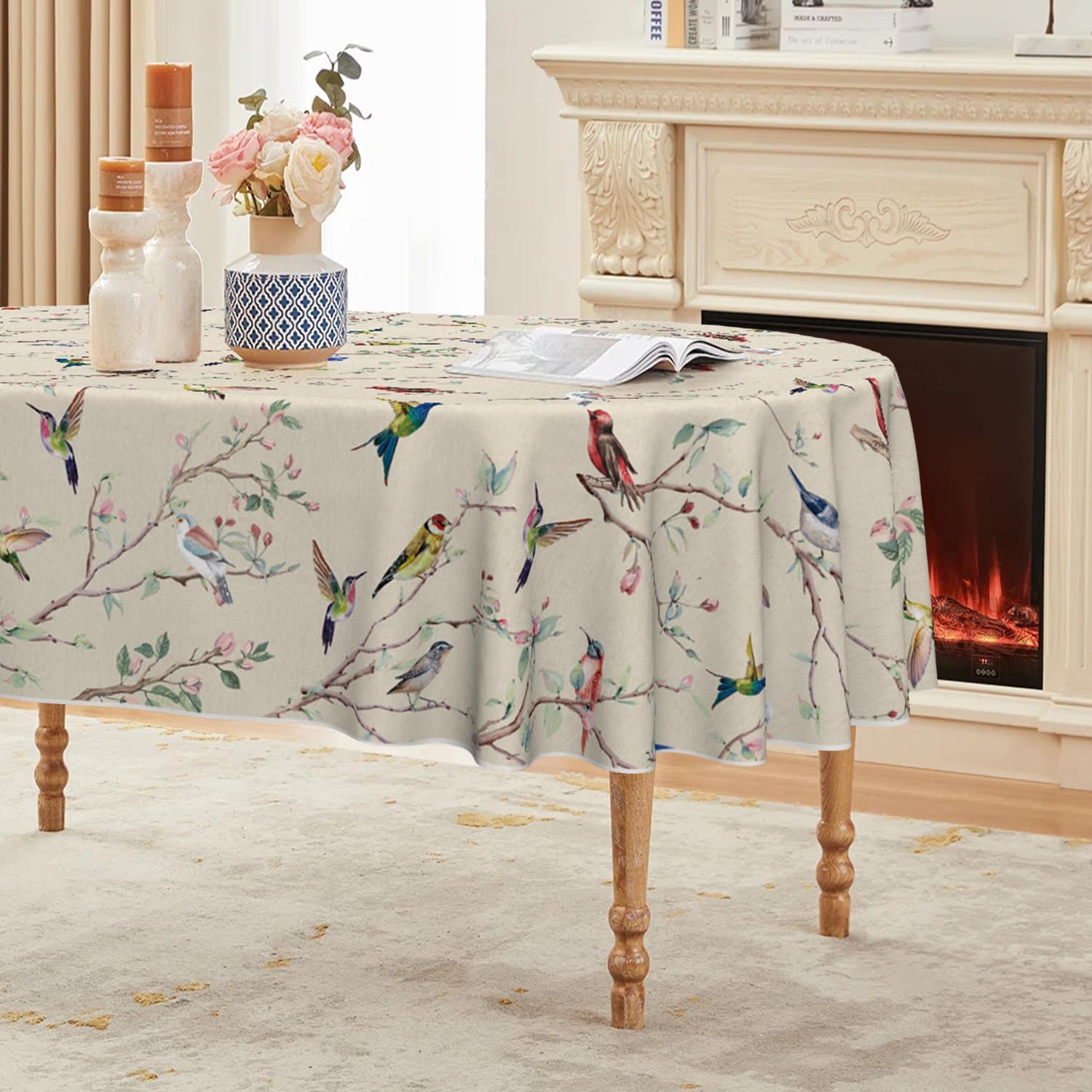 Horaldaily Spring Tablecloth Tablecloth 60×84 Inch Oval, Birds Branch Beige Floral Washable Seasonal Table Cover for Party Picnic Dinner Decor