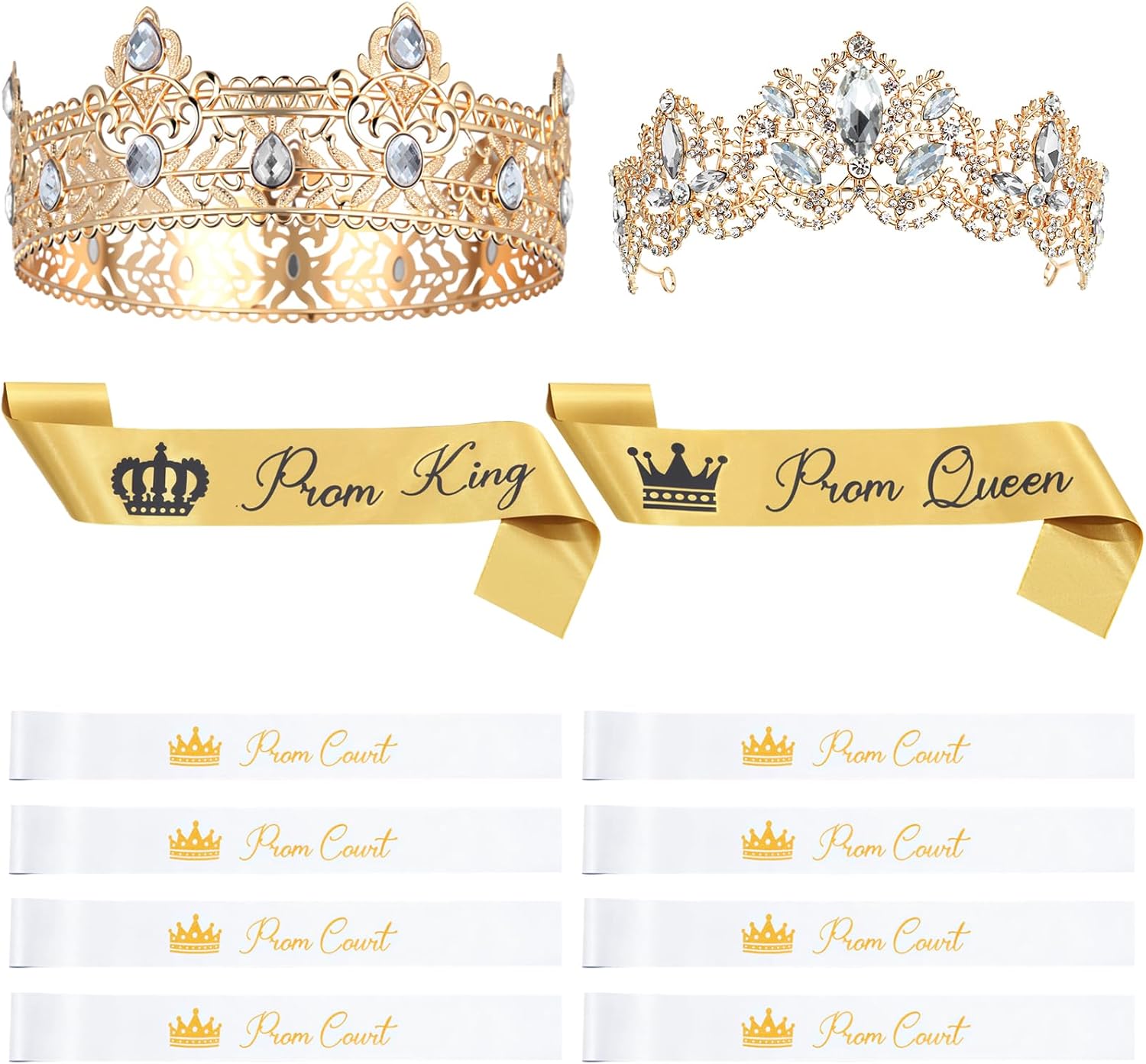 Ferreve 12 Pcs Prom King Queen Crown Set with Sashes Queen Crystal Tiara Prom Court Satin Sash for 2026 Grad Party