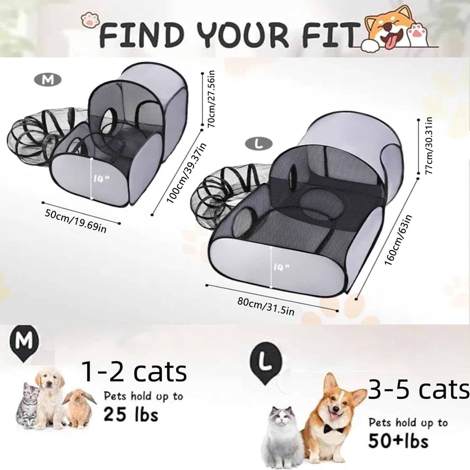 Box 3 in 1 per gatti con tunnel circostante, box per animali domestici con lati morbidi traspiranti, recinto per gatti e cani, per esterni e interni, tenda portatile per piccoli animali, con borsa per