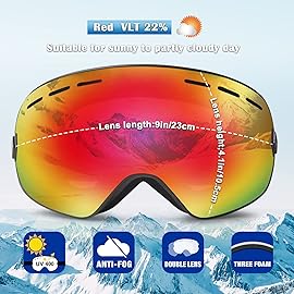 EXP VISION Snowboard Ski Goggles Men Women Youth, Anti Fog OTG Winter Snow Goggles Spherical Detachable Lens (Red)