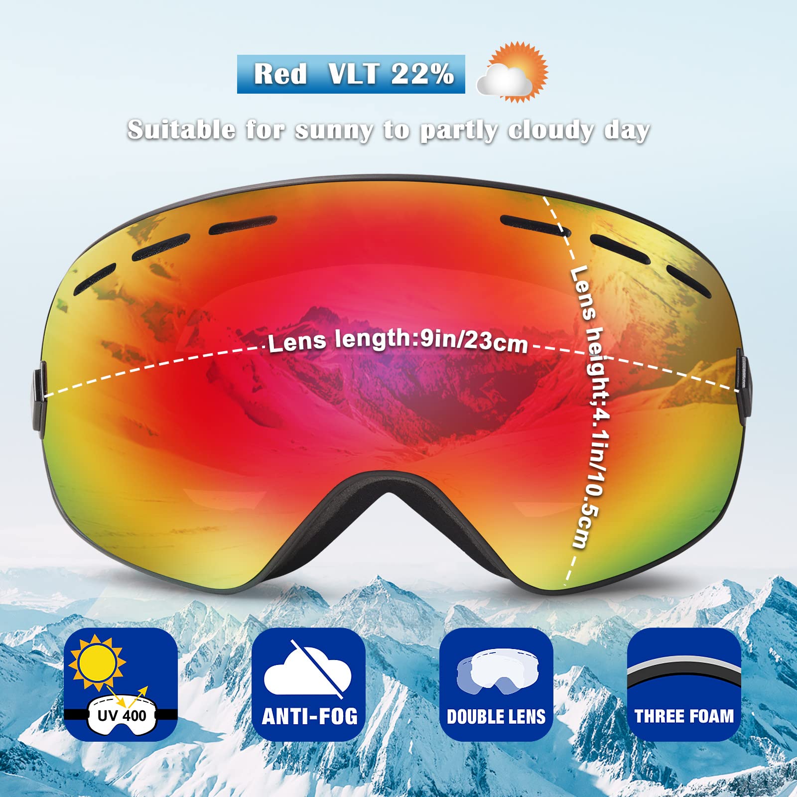 EXP VISION Lunettes de ski et de planche à neige pour hommes, femmes, jeunes, anti-buée, OTG - Verres sphériques amovibles