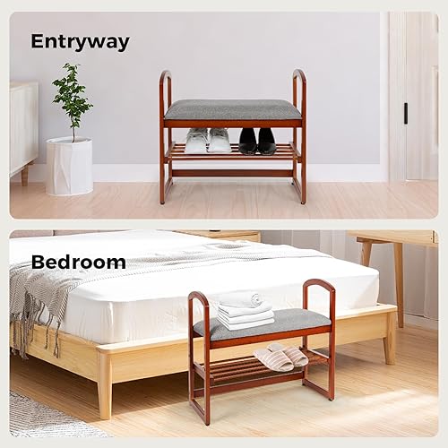 Miniatura 6 de StrongTek Banco de entrada de bambú con reposabrazos, cojín de felpa, diseño ajustable y prácticas asas laterales, banco otomano para sala de estar,