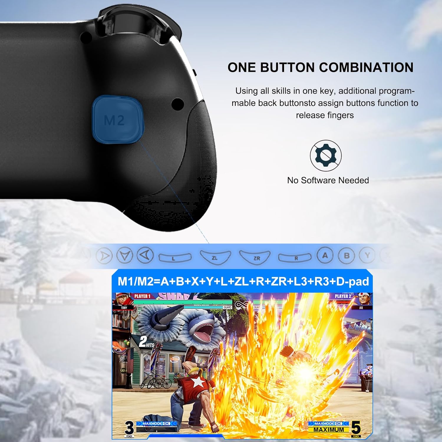 Image showing the M1 and M2 macro buttons on the back of the controller and an example of how they can be programmed for combined actions.