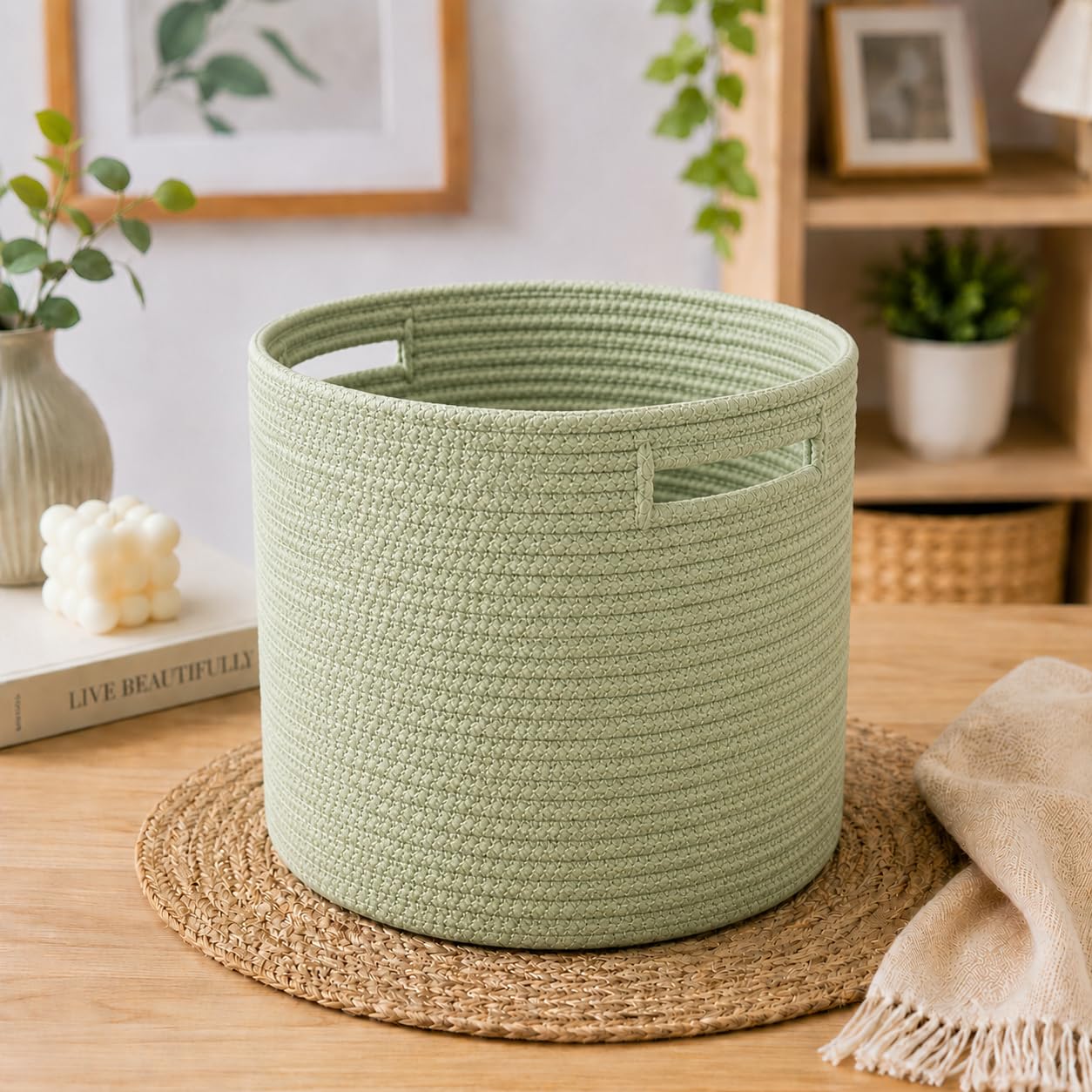 Cotton Rope Woven Storage Basket Organizer Bin Round Fabric Container for Toys Clothes Desk Shelf Nursery Bathroom Soft Durable Home Utility Small Size Pack of 1 Light Green-image-5