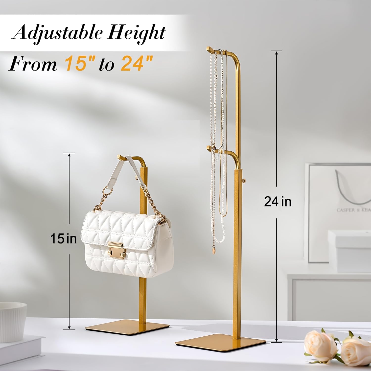 2 Pack Purse Holder Handbag Display Stand: Gold Hanger Rack for Bags, Purses, and Wreath, Adjustable Hook Stand for Tabletop, Closet, and Retail Use for Vendors