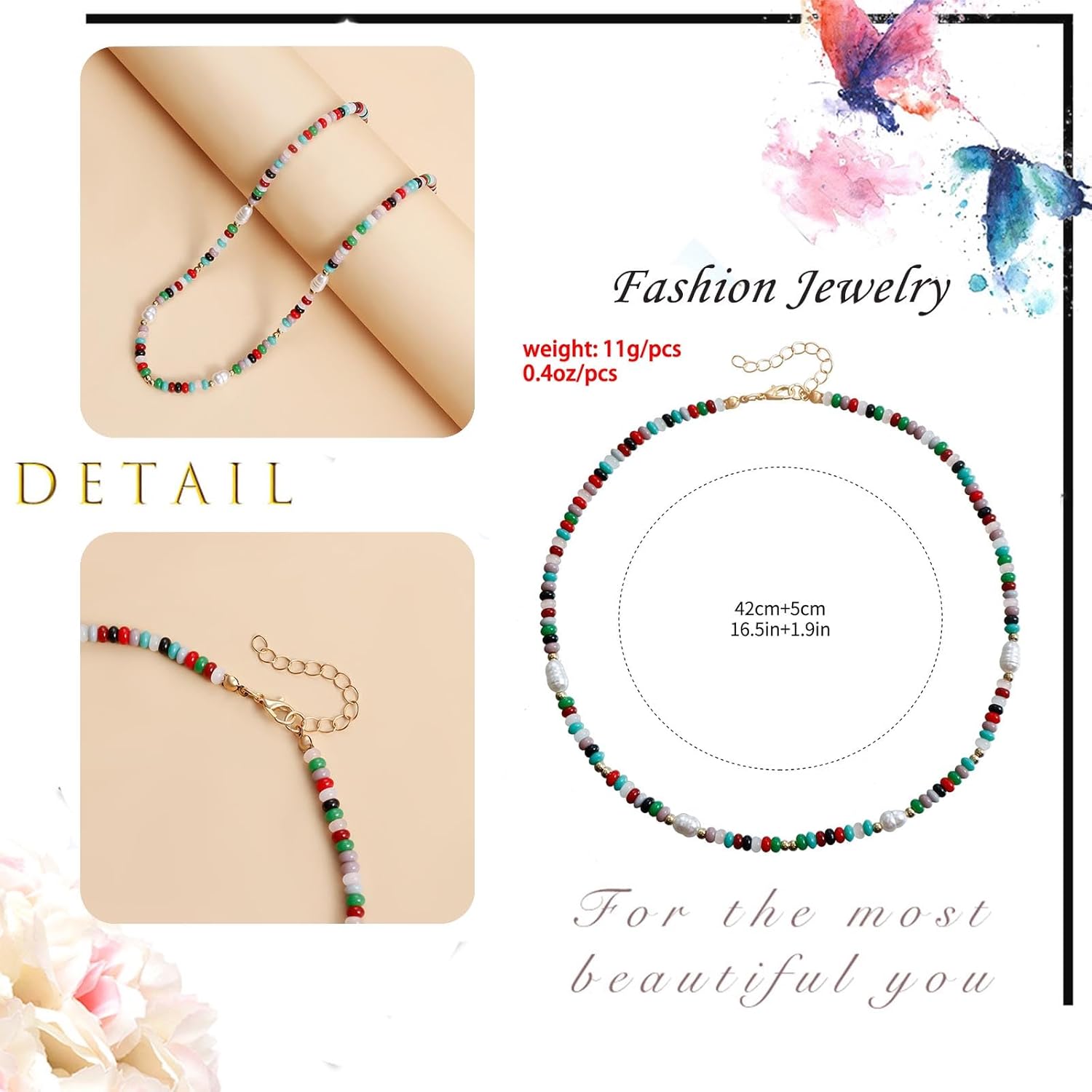 Boho Pearl Beaded Choker Necklace Colorful Seed Beads Chain Faux Baroque Pearl Collarbone Necklace Summer Rainbow Beads Hippie Necklace Jewelry for Women - Image 4