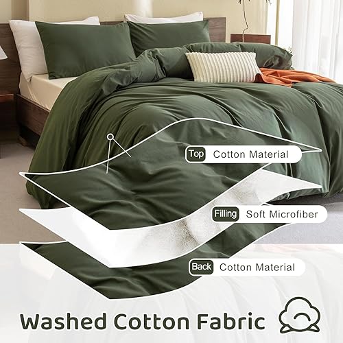 Miniatura 3 de Sanracie Juego de edredón tamaño Queen de color verde oliva, 100 % algodón, juego de edredón de color verde oscuro, juego de ropa de cama de 3