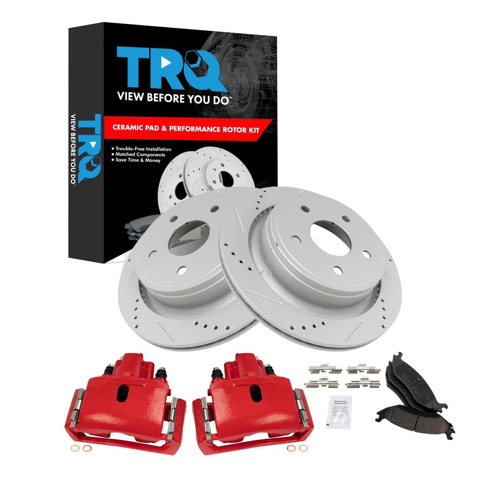 TRQ Performance Rear Brake Pad &amp; Rotor Kit Compatible with 2007-2009 Chrysler 2002-2010 Dodge 2011-2018 Ram