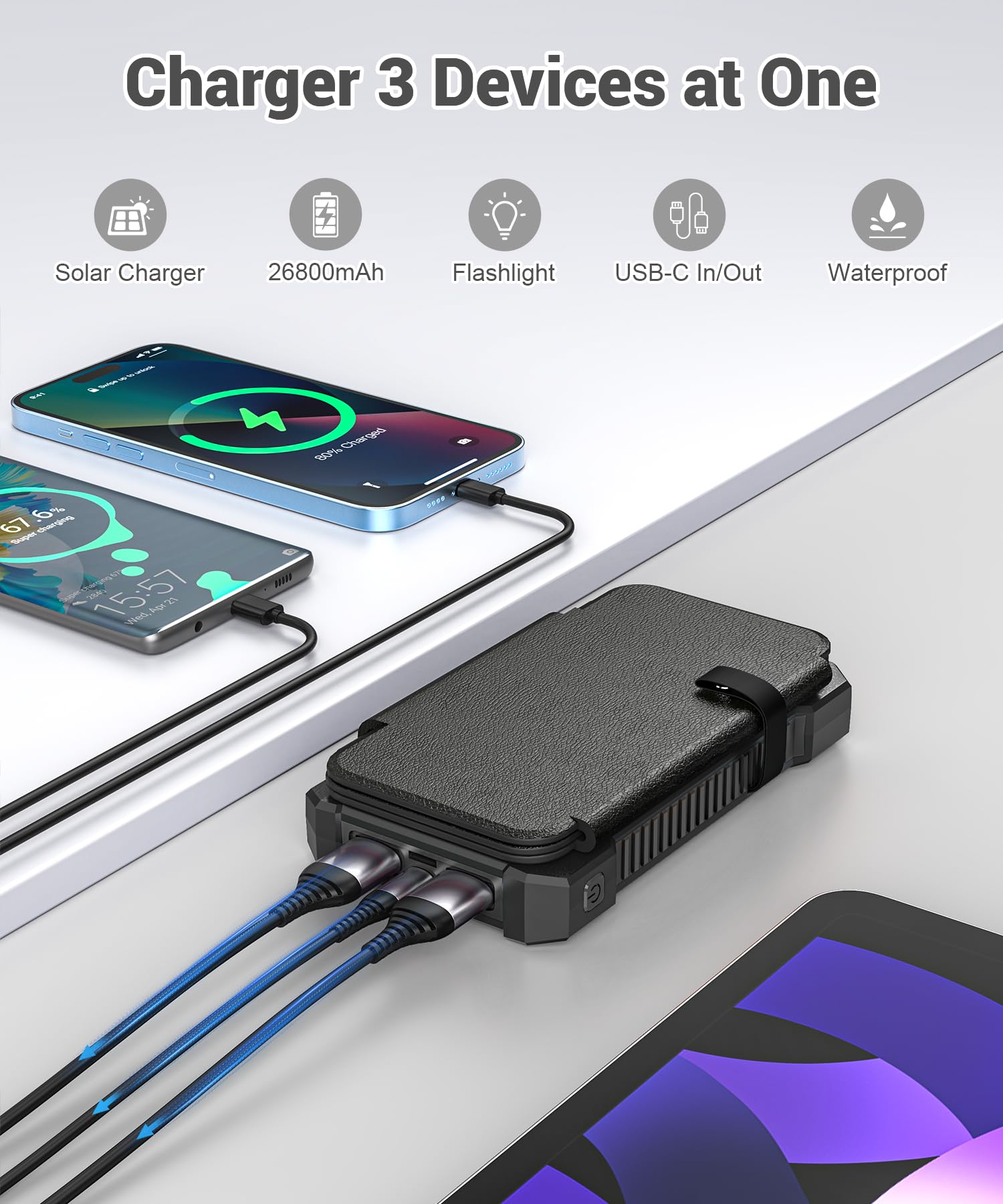 Chargeur Solaire 26800 mAh avec 4 Panneaux Solaires, Batterie Externe Solaire étanche avec Charge Rapide USB-C 18W pour Téléphones Portables, Tablettes, Ordinateurs (Noir)