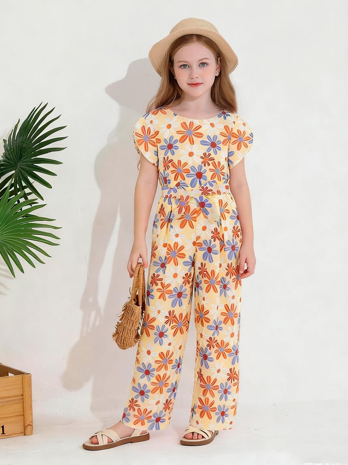 Haloumoning Girls Floral Jumpsuit Kids Fashion Short Sleeve Belted Wide Leg Romper One Piece Outfits with Pockets - Image 2