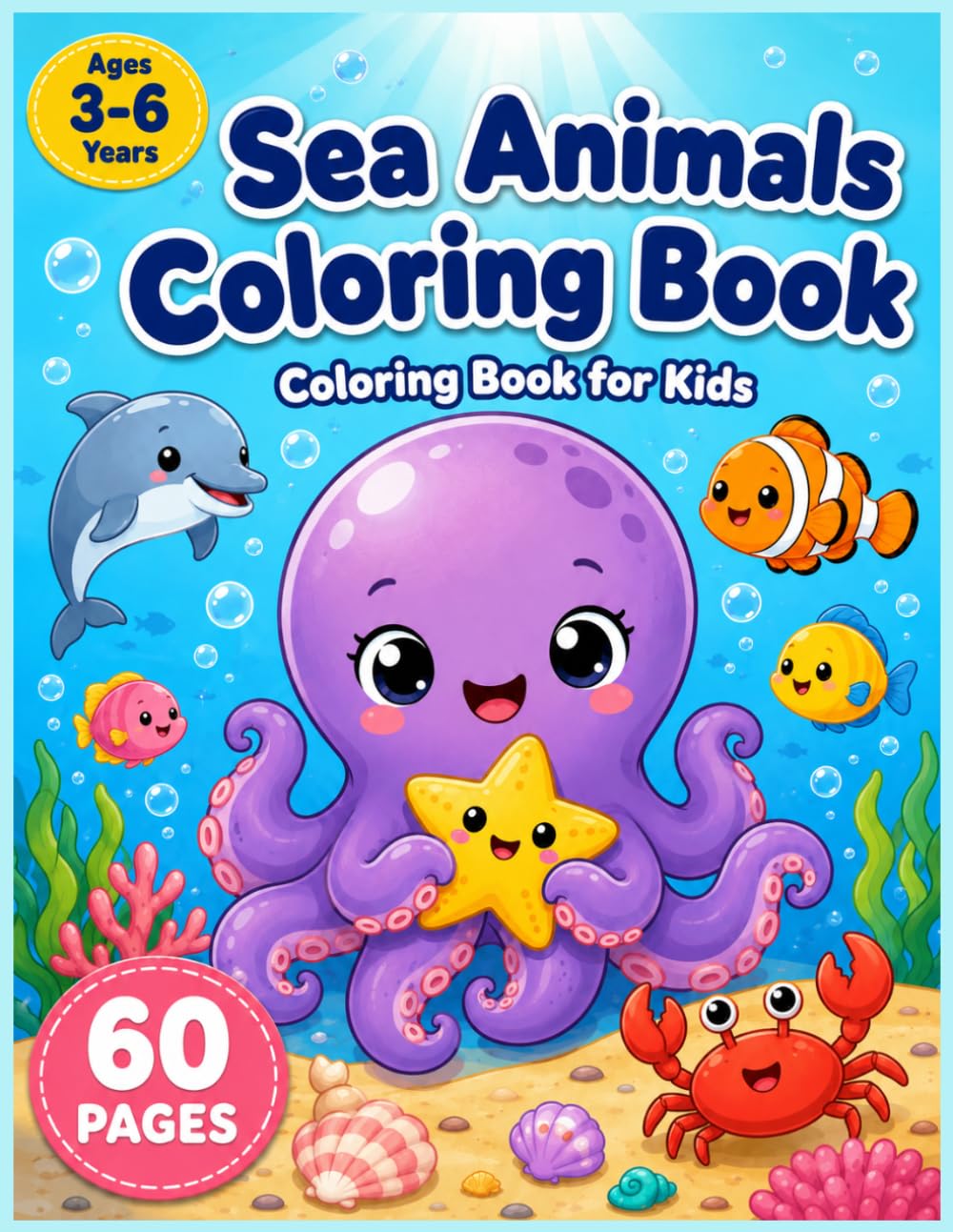 Kawaii Sea Animals Coloring Book for Kids Ages 3-6: 60 Cute Ocean Creatures to Color — Fun & Easy Coloring Pages with Big Bold Lines for Toddlers and Preschoolers