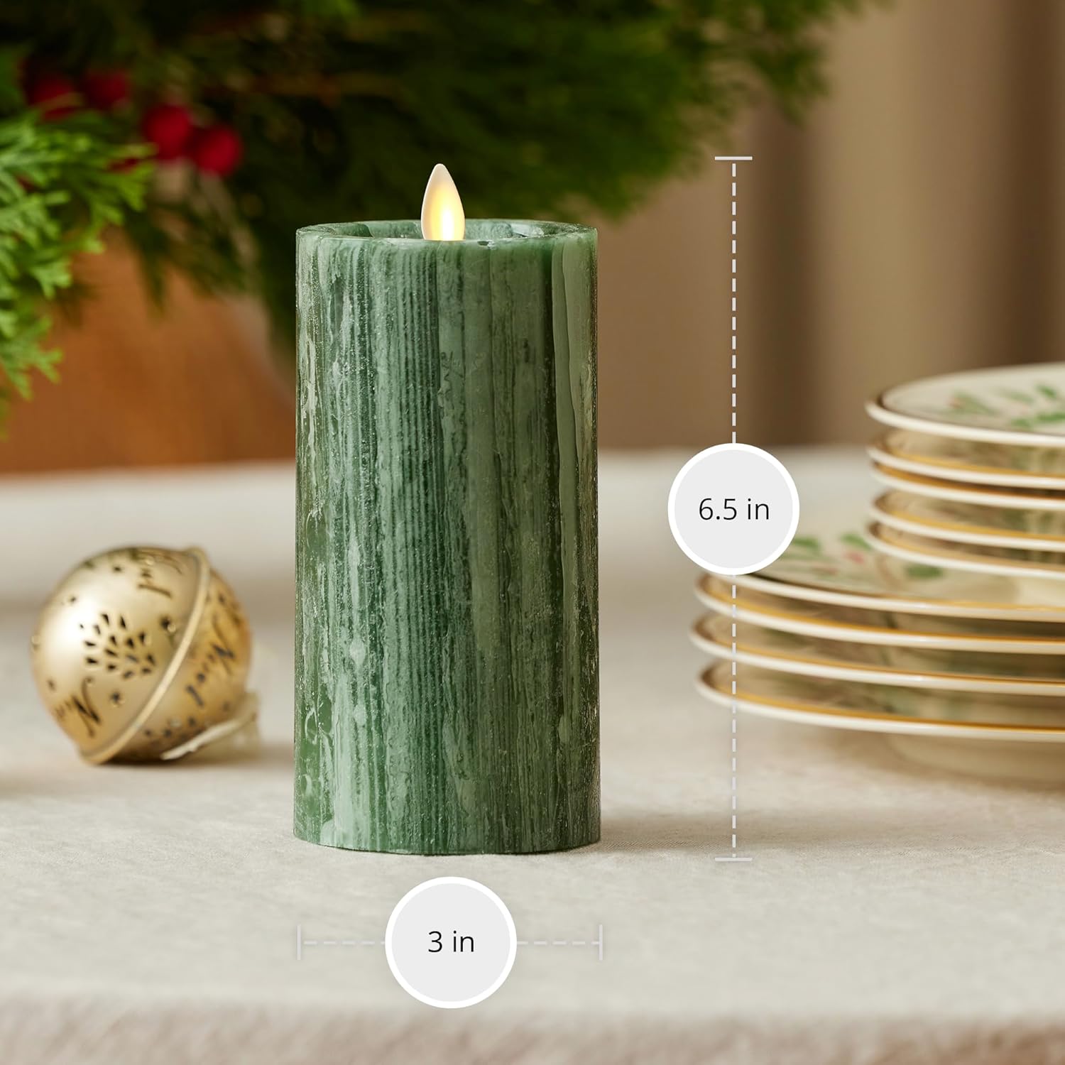 Luminara Selenite Looking Flameless Candle, Holiday Green 3" x 6.5", Battery Operated Real Wax Moving Flame LED Pillar w/Timer, Home Decor Unscented - Image 6
