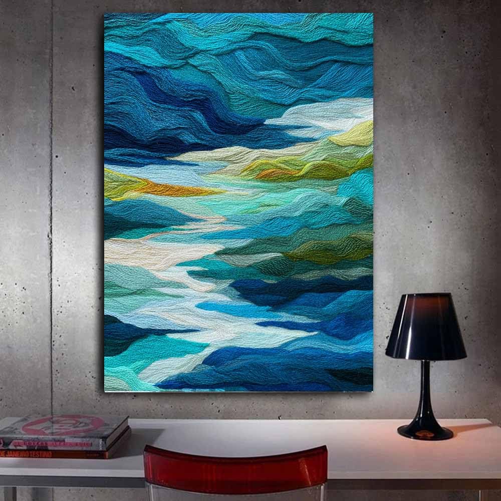 WUFIEA Pintura lienzo abstracta carteles e impresiones Ondas tejidas para decoración de sala de estar regalo（Azul175-60x80cm Enmarcado