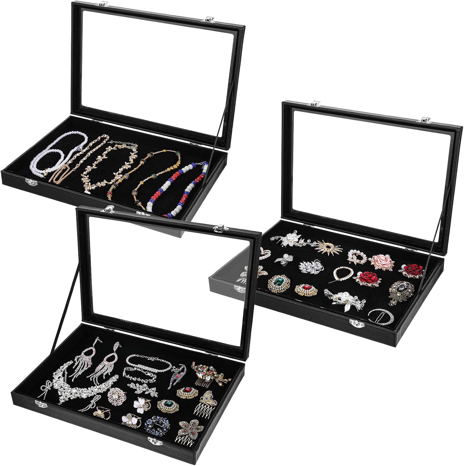 3 Pieces Jewelry Organizer Box, Black Velvet Blank Display Tray Case with Lid, 13.8 x 9.5 x 2 Inch Wooden Jewelry Display Case for Necklaces, Rings & Collectibles