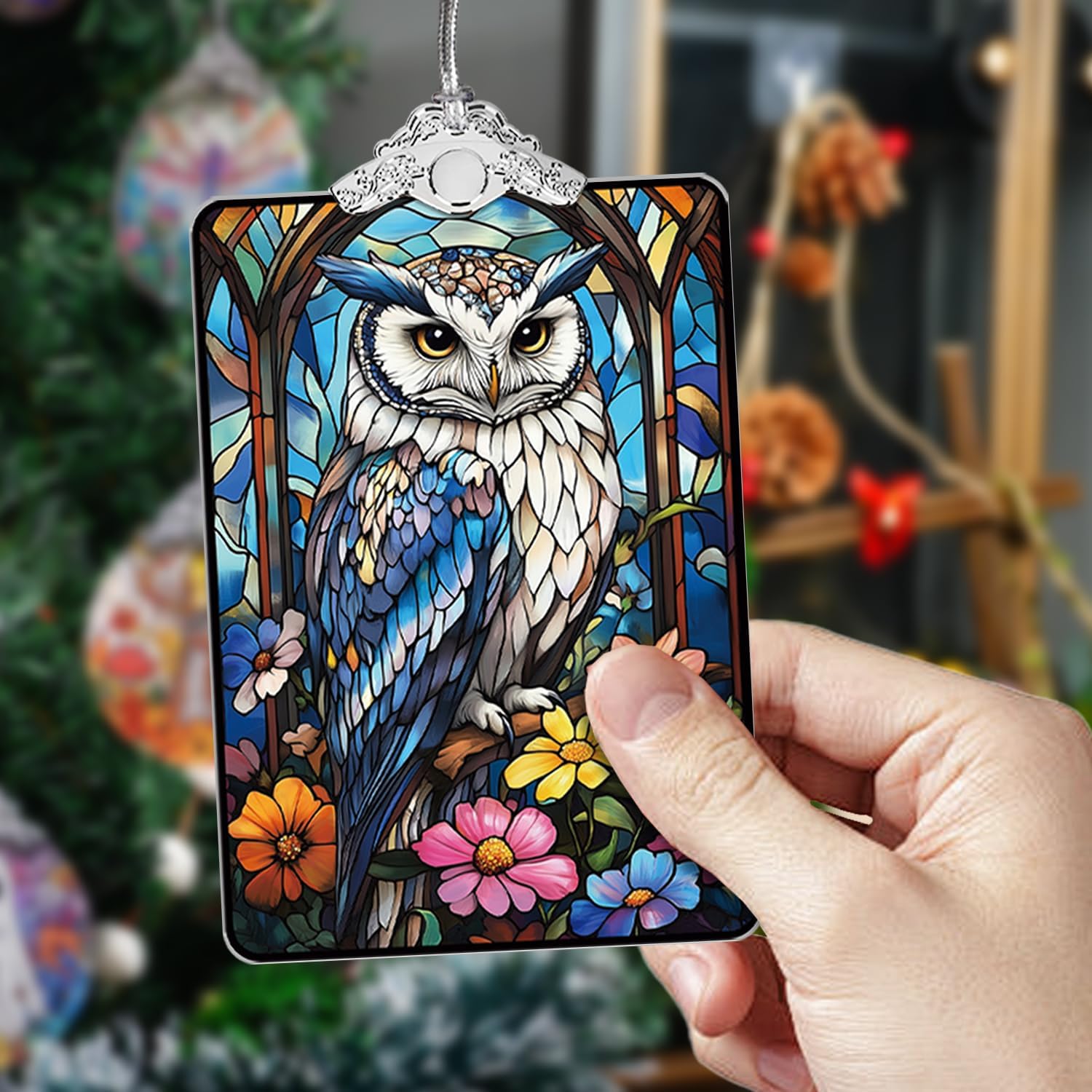 Owl and Wildflowers Stained Glass Ornament, 2025 Christmas Tree Hanging Decoration for Gift Exchange or Stocking Stuffer, Holiday Decor, 3.8 x 2.4 Inch image 5