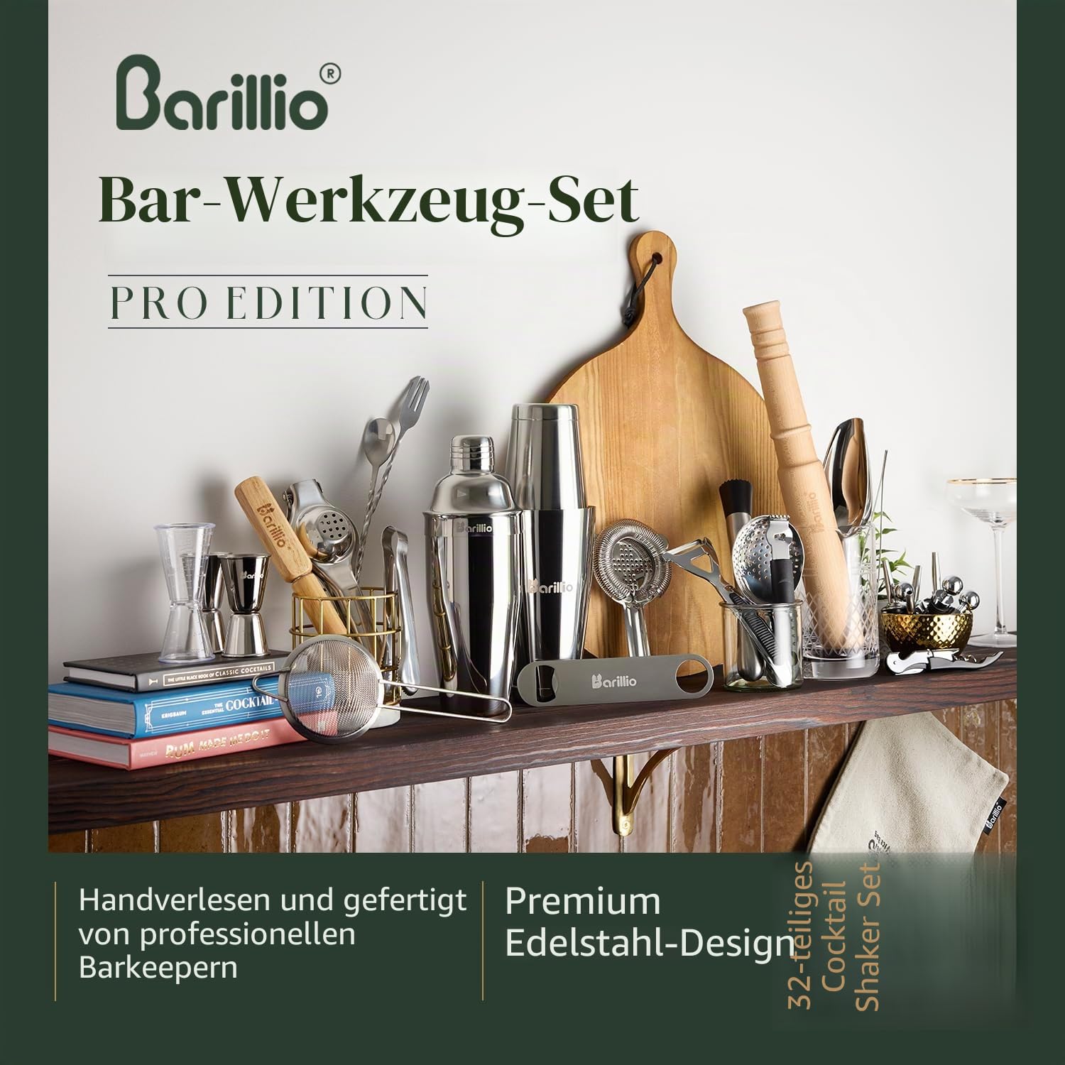 Barillio Bar-Werkzeug-Set Pro Edition – Cocktail-Shaker-Set aus Edelstahl – Mixology Barkeeper-Set mit Boston Shaker, Getränkemixer und Stößel für Cocktails – Home Bar Zubehör – 32-teiliges Bar-Set