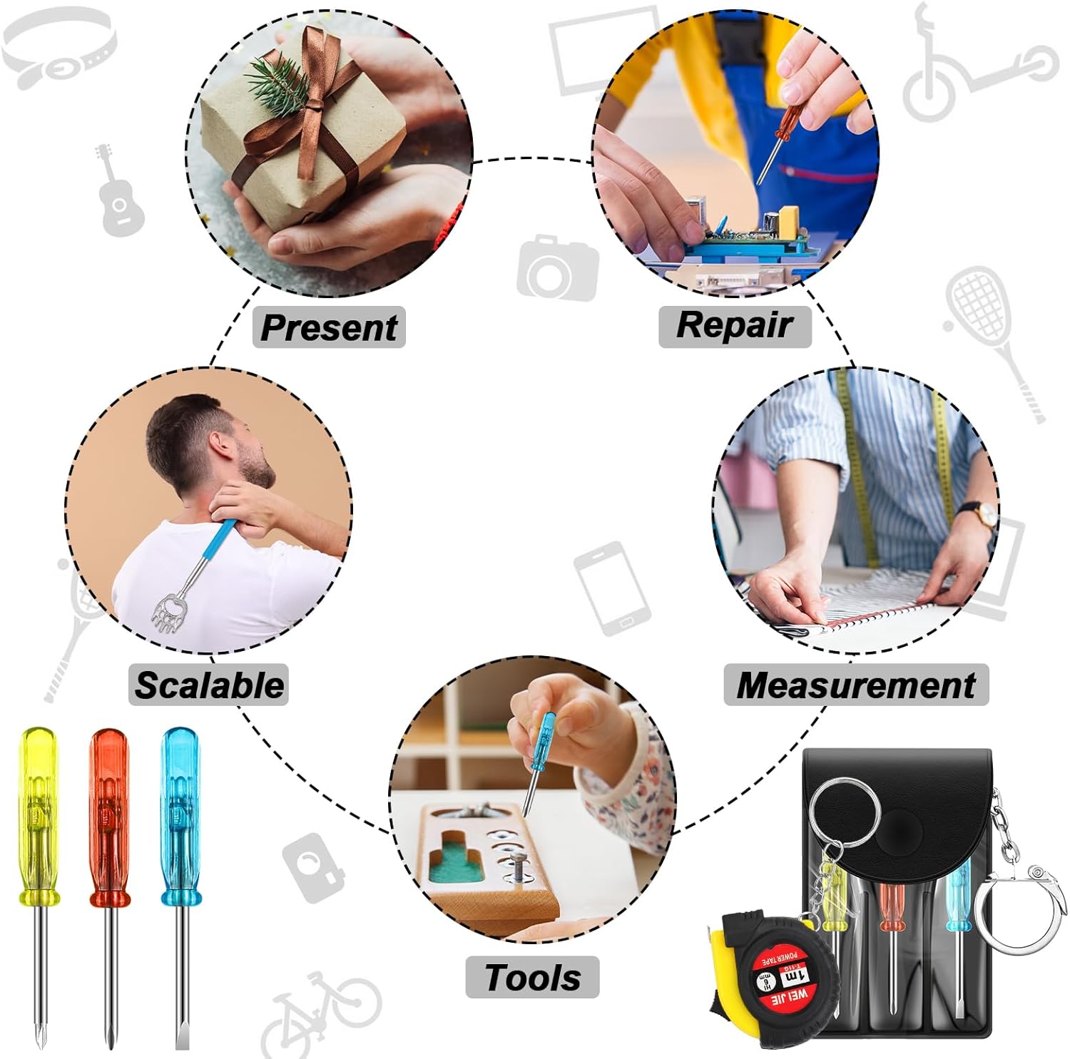 Pickmesh 18 Pcs Christmas Employee Coworkers White Elephant Funny Gifts for Men Women Prizes for Adults Bulk Mini Measuring Tape Screwdriver Keychain Back Scratcher Stocking Stuffers for Xmas