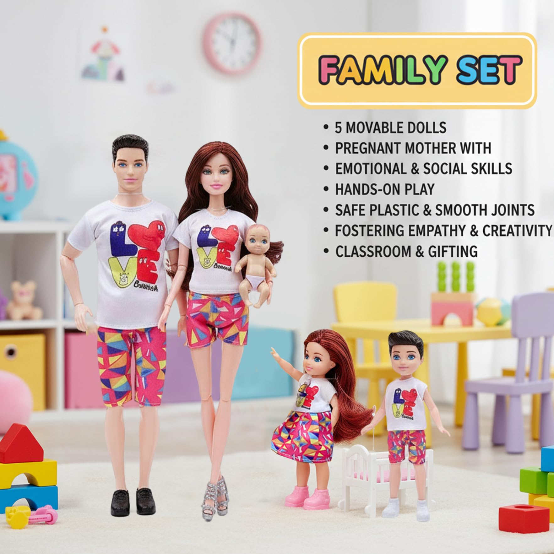 Jorzer Juego de muñecas Familiares de 5 muñecas Embarazadas con articulación móvil con bebé en la Barriga, papá y 2 niños para educación y Accesorios para Casas de, Juguetes para bebés embaraza-